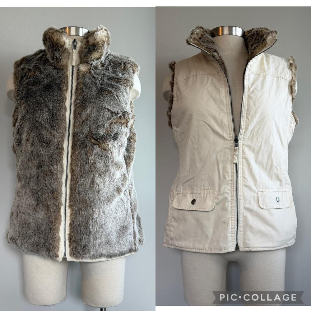 Y2k gap reversible cream and brown faux fur zip up vest